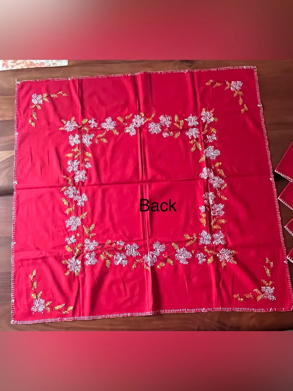 Vintage Tablecloth and 4 Napkin Set 33”Square Red Embroidered Flowers MCM